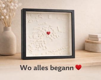 Personalisierte 3D Stadtkarte mit Koordinaten – Individuelle Karte mit Herz im Objektrahmen | Geschenk für Paare