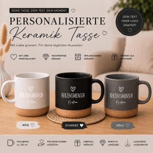 Könnte beinhalten: Drei Keramikbecher in Weiß, Schwarz und Grau, jeweils mit braunem Boden. Auf den Bechern steht "HERZENSMENSCH Kristina". Das Bild enthält den Text "PERSONALISIERTE Keramik Tasse". Jeder Becher fasst ca. 300 ml.