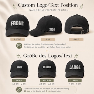 Op de afbeelding: Drie zwarte baseballpetten tonen voor-, zij- en achteraanzichten met tekstlabels. Hieronder tonen drie zwarte petten met de labels small, medium en large logomaten van 1,5 cm tot 6 cm, met een limiet voor de voorzijde van 12 cm bij 5 cm.