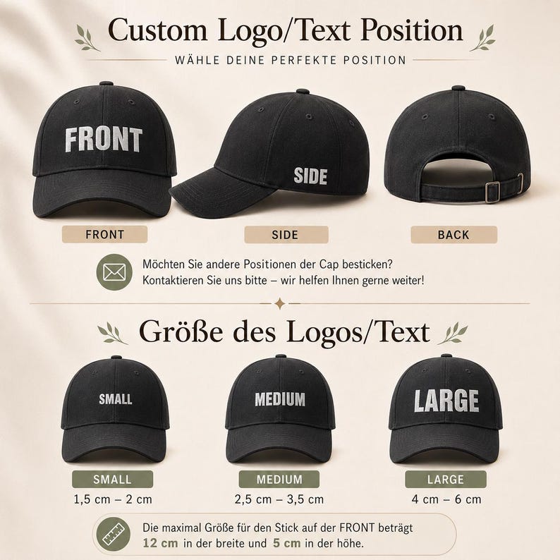Op de afbeelding: Drie zwarte baseballpetten tonen voor-, zij- en achteraanzichten met tekstlabels. Hieronder tonen drie zwarte petten met de labels small, medium en large logomaten van 1,5 cm tot 6 cm, met een limiet voor de voorzijde van 12 cm bij 5 cm.