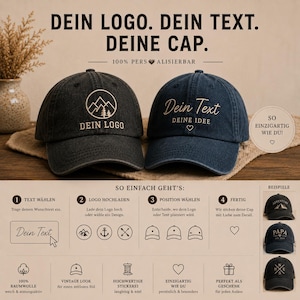 May include: Two baseball caps in charcoal and navy blue, featuring embroidered mountain and text designs. The image includes instructional text in German explaining a custom embroidery process with four steps and examples of finished caps.