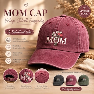Könnte beinhalten: Burgunderfarbene Mom-Cap mit Vintage-Look. Auf der Cap ist das Wort "MOM" in Weiß mit einem floralen Design gestickt. Die Cap besteht aus 100 % Baumwolle und ist verstellbar. Weitere Farben erhältlich.