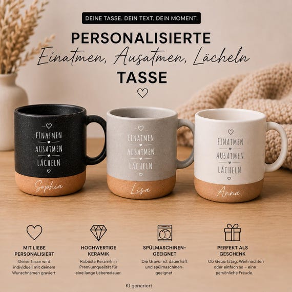Personalisierte Tasse mit Name | Einatmen Ausatmen Lächeln Keramiktasse | Geschenk für Frauen Freundin Kollegin | Lasergravur