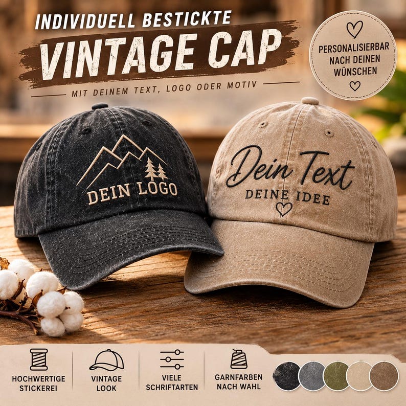 Op de afbeelding: Twee baseballpetten met een verwassen afwerking, &eacute;&eacute;n zwart en &eacute;&eacute;n beige. De zwarte pet heeft een geborduurd berg- en boommotief met de tekst DEIN LOGO. De beige pet is voorzien van de geborduurde tekst Dein Text DEINE IDEE.