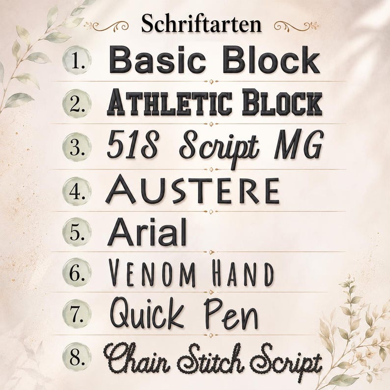 Op de afbeelding: Een lettertype-selectiekaart met de titel Schriftarten met acht genummerde stijlen: Basic Block, Athletic Block, 518 Script MG, Austere, Arial, Venom Hand, Quick Pen en Chain Stitch Script, in zwarte tekst op een lichte achtergrond.