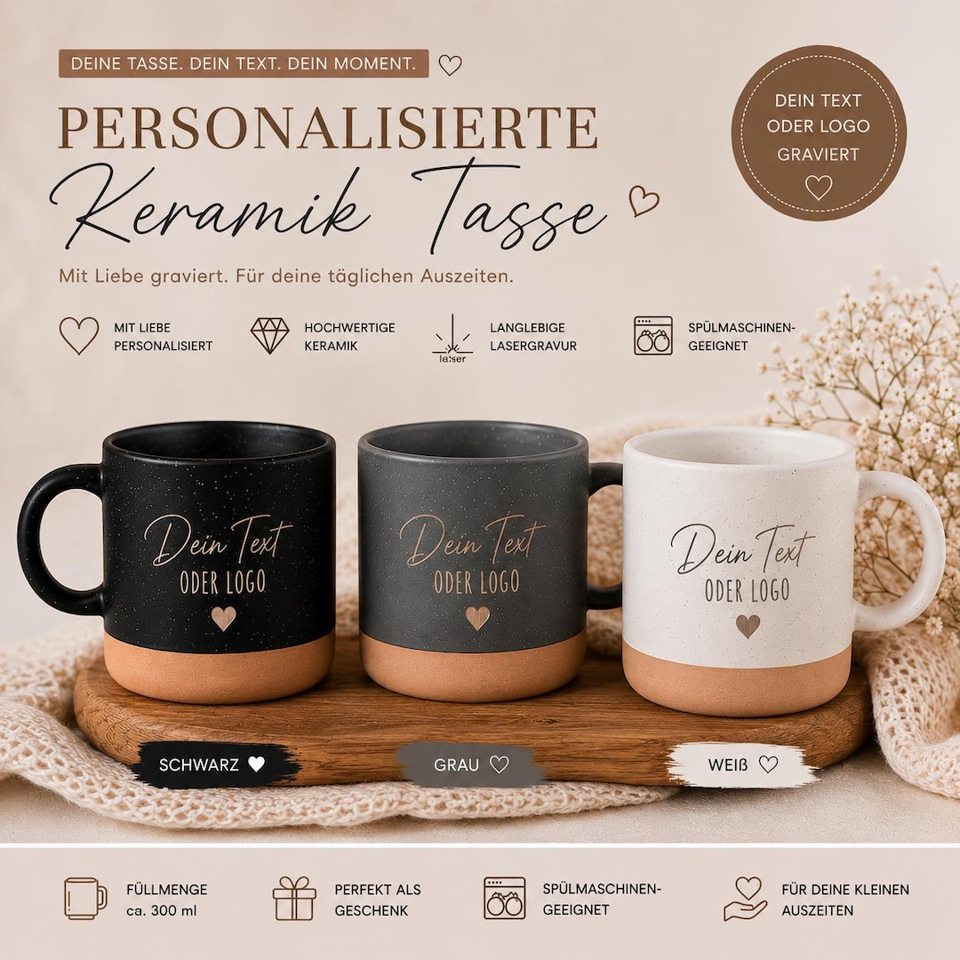 Personalisierte Tasse mit Gravur – Keramiktasse 360 ml mit Wunschtext, Name oder Logo – Individuelle Kaffeetasse als Geschenk
