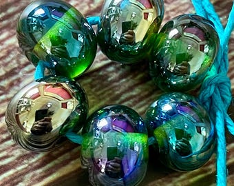 Aegean Sea 6 Lampwork Teal Blue Peacock Iridescent Beads Fumed Silver Glass