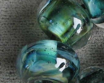 Mystic River Rapid Lampwork Spacer Handmade Glass Beads Encased Green White Blue Choice 2 4 5 or 6 bead set