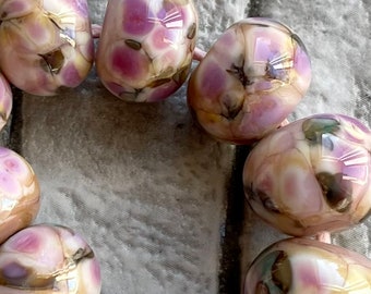 Pansies Lampwork Spacer Handmade Glass Beads Pink White Green Choose 2 4 5 or 6 Bead Set