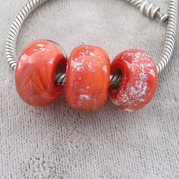 3 Handmade Lampwork BHB Big Hole Bead s Mango Coral Sparkle sra