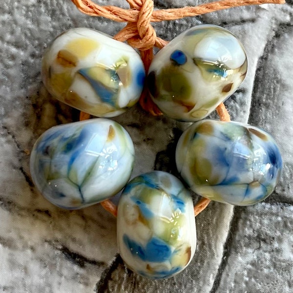 Winter Moss  Lampwork Spacer Beads Blue Green White Brown sra Choice of 2 4 5 or 6 bead Set