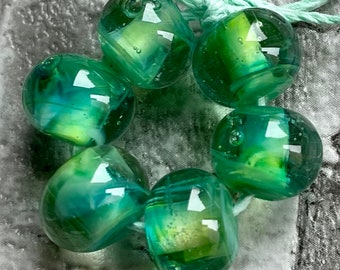 Irish Spring Sea Lampwork Spacer Handmade Glass Beads Encased Green  Blue Choice 2 4 5 or 6 bead set