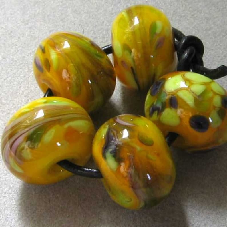 Sunny Wheat Field Swirl Lampwork Spacer Beads Yellow Orange Green sra 2-6 bead set image 2