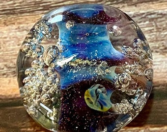 Lampwork Focal Bead Lapis Aurora Mystique Bubble Cove Large  Lentil  Murine