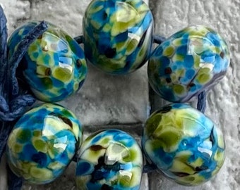 Blue Grass Summer Meadow Lampwork Spacer Beads blue green reactive  sra 2-6 bead set