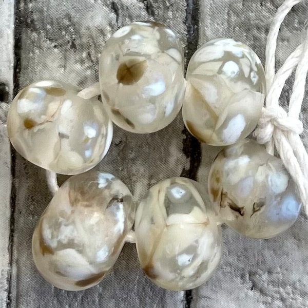 Belgian Lace Lampwork Spacer Handmade Etched Glass Beads Off white Frit Blend on Clear Choice 2 4 5 or 6 beads