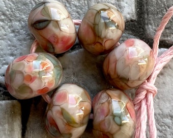 Evening Primrose Lampwork Spacer Handmade Glass Beads Pink white green Choice 2 4 5 or 6 bead set