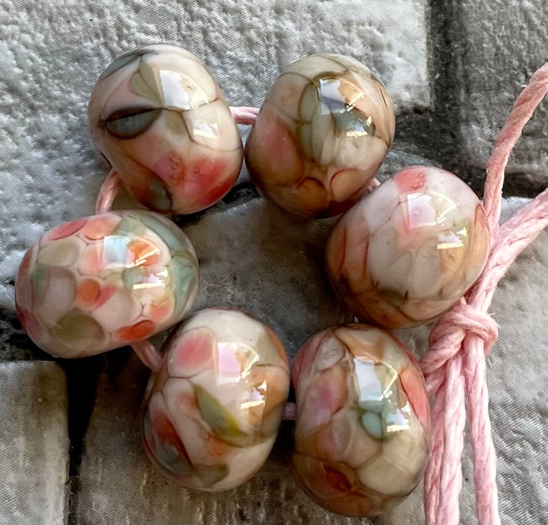 Evening Primrose Lampwork Spacer Handmade Glass Beads Pink white green Choice 2 4 5 or 6 bead set