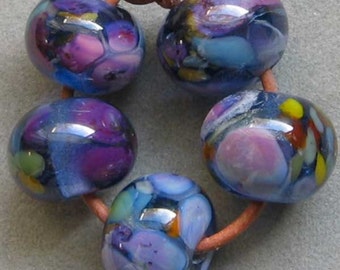 Crocus Blooms Lampwork Spacer Handmade frit Glass Beads Blue Purple Lilac Choise 2 4 5 or 6 bead sets