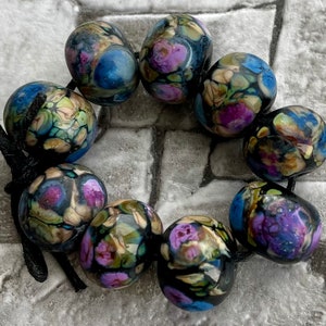 Midnight Royal Garden Lampwork Spacer Handmade Etched Glass Beads Blue Purple Romance Blend on Black Choice 2 4 5 or 6 beads