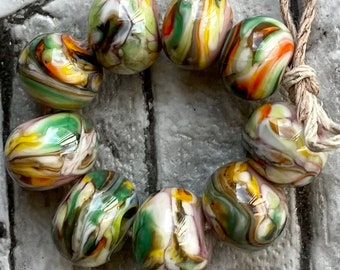 Indian Summer Lampwork Spacer Beads Swirled Yellow Green Orange Brown Choose 2 to 6 sra