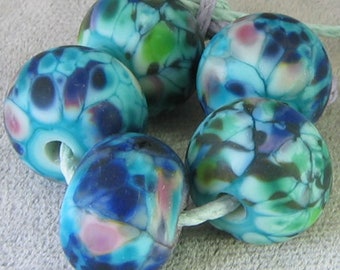 Pebble Mosaic Lampwork Spacer Handmade Glass BeadsTurquoise Blue Pink Etched Choice 2 4 5 or 6 beads