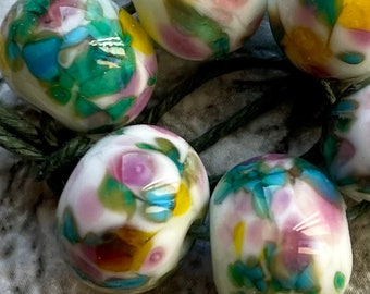 Botanical Summer Garden Lampwork Spacer Handmade Glass Beads White Pink Green Yellow Choose 2 4 5 or 6 Bead Set