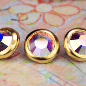 10 Aurora Borealis Crystal Hair Snaps  Round Gold Rim Edition image 2