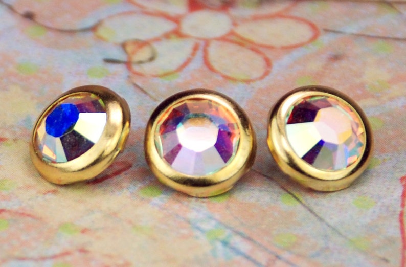 10 Aurora Borealis Crystal Hair Snaps  Round Gold Rim Edition image 2