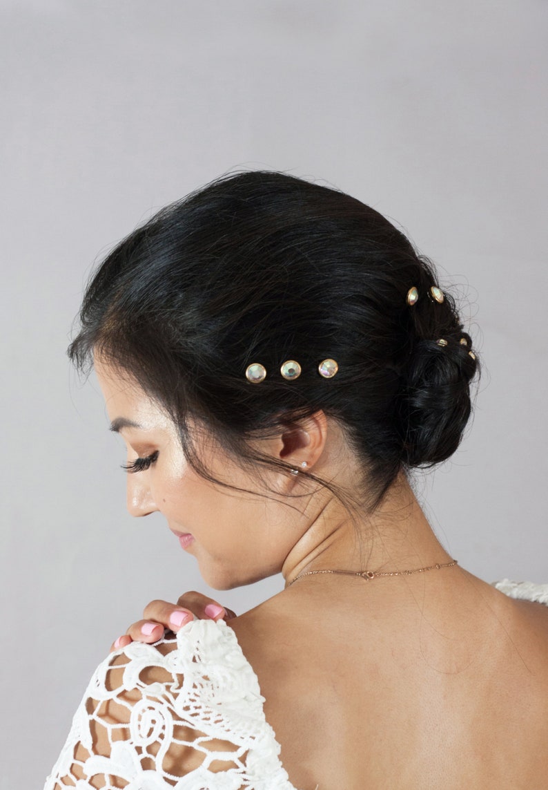 10 Aurora Borealis Crystal Hair Snaps  Round Gold Rim Edition image 4