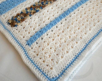 Crocheted Baby Blanket - Blue and White Crocheted Baby Afghan - Babyghan - Baby Shower Gift - Made To Order