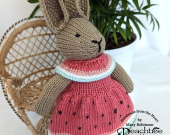 Knitted Amigurumi Bunny - Melonie the Bunny - Plushie Rabbit in Watermelon Dress - Ready To Ship