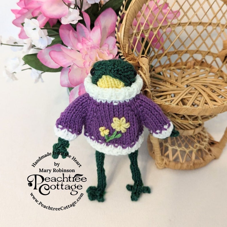 Knitted Amigurumi Frog Fred the Frog Froggie Wearing Spring Sweater Ready To Ship image 2