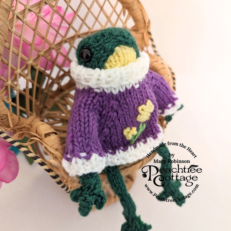 Knitted Amigurumi Frog Fred the Frog Froggie Wearing Spring Sweater Ready To Ship image 7