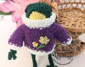 Knitted Amigurumi Frog - Fred the Frog - Froggie Wearing Spring Sweater - Ready To Ship