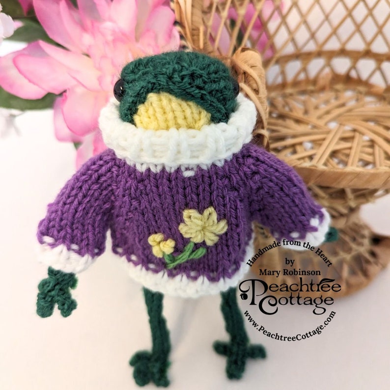 Knitted Amigurumi Frog Fred the Frog Froggie Wearing Spring Sweater Ready To Ship image 1