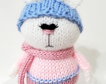 Knitted Amigurumi Snow Bunny with Knit Hat and Scarf - Ready To Ship