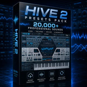 May include: A black box featuring the text "HIVE 2 Presets Pack" in blue, advertising 20,000+ professional sounds for EDM, Techno, House, and Cinematic music. The box displays a digital audio workstation interface.