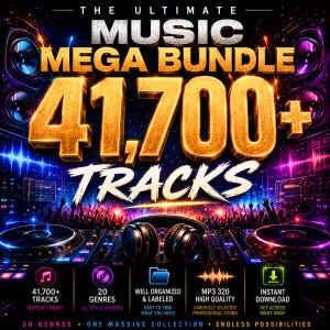 May include: A digital graphic for a music bundle featuring the text THE ULTIMATE MUSIC MEGA BUNDLE 41,700+ TRACKS. The design includes DJ equipment, headphones, and speakers against a dark background with colorful lights and a crowd silhouette.