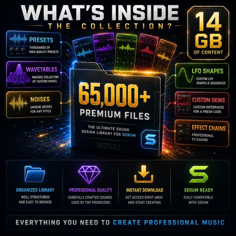 May include: A digital product advertisement for a sound design library for Serum, featuring a central folder icon labeled 65,000+ PREMIUM FILES. The graphic includes text detailing 14 GB of content, presets, wavetables, noises, LFO shapes, custom skins, and effect chains, all set against a dark, glowing background with neon accents.