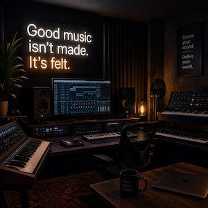 May include: A dimly lit music studio with a neon sign reading "Good music isn't made. It's felt." The room features a computer monitor displaying audio editing software, keyboards, speakers, and a coffee mug. A laptop and headphones are also visible.