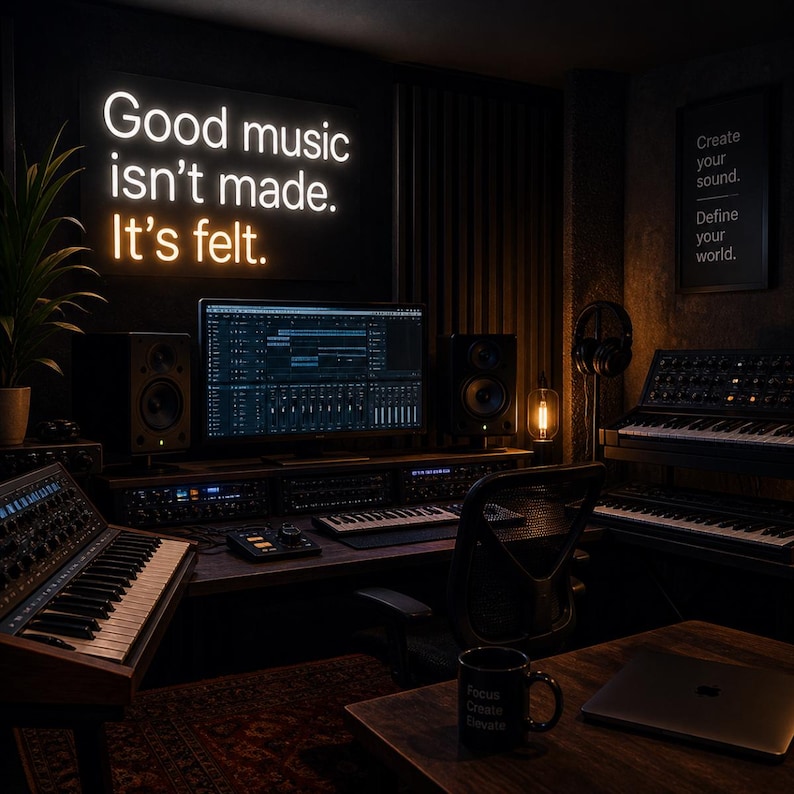 May include: A dimly lit music studio with a neon sign reading "Good music isn't made. It's felt." The room features a computer monitor displaying audio editing software, keyboards, speakers, and a coffee mug. A laptop and headphones are also visible.