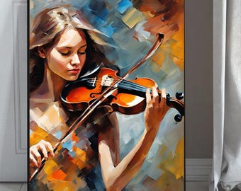 Art print Abstract beautiful  girl play Violin Color music masters