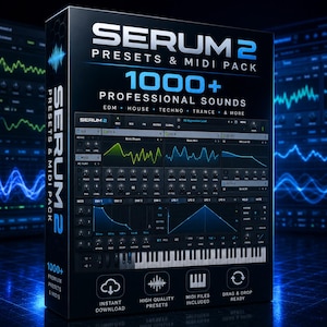 Könnte beinhalten: Schwarze Produktbox für Serum 2 Presets & MIDI Pack mit blauen Akzenten. Sie zeigt "SERUM 2" und "1000+ PROFESSIONAL SOUNDS." Die Box enthält auch Symbole für Sofort-Download, hochwertige Presets, MIDI-Dateien und Drag & Drop.
