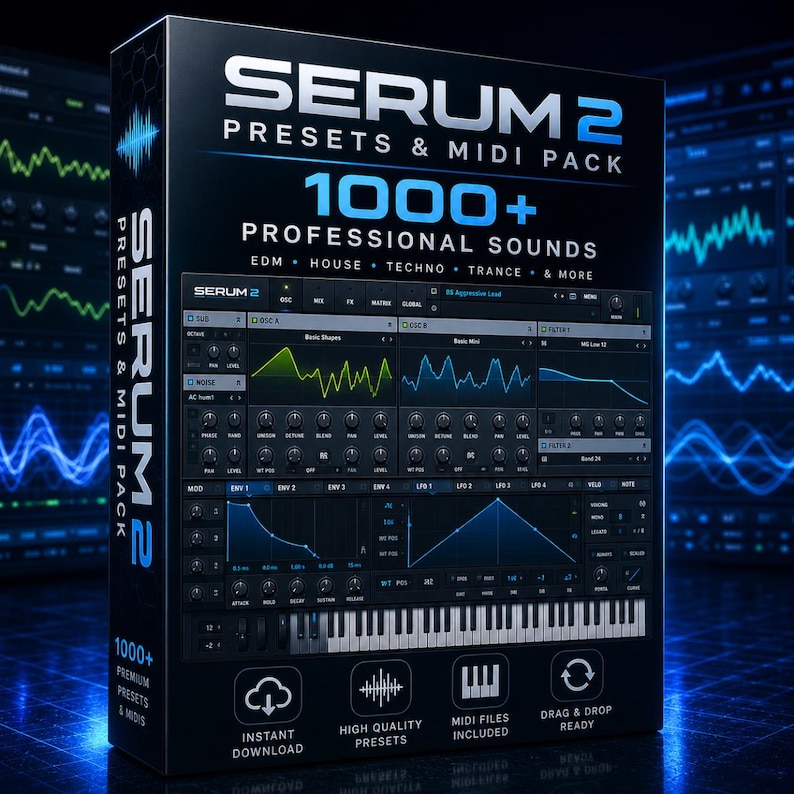 May include: A product box for Serum 2 Presets & MIDI Pack. The box is black with blue accents and features the text "SERUM 2" and "1000+ PROFESSIONAL SOUNDS." The box also includes icons for instant download, high-quality presets, MIDI files, and drag & drop ready.