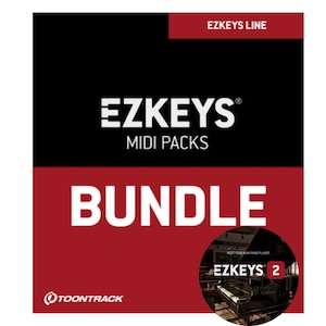 以下が含まれることがあります： 「EZKEYS MIDI PACKS BUNDLE」というテキストと、その下に「EZKEYS 2」というテキストが書かれた小さな円が描かれた赤と黒の箱。箱の左下にはToonTrackのロゴ、右上には「EZKEYS LINE」というテキストが書かれている。