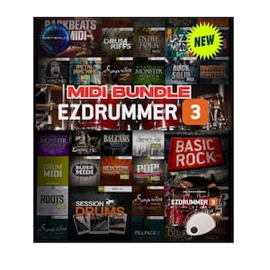 Puede incluir: Una colección de bucles de batería MIDI y muestras para usar con EZdrummer 3, un popular programa de software de batería. La colección incluye una variedad de géneros, que incluyen rock, pop, blues y jazz. La imagen presenta una variedad de baterías y partes de batería, así como el logotipo de EZdrummer 3.