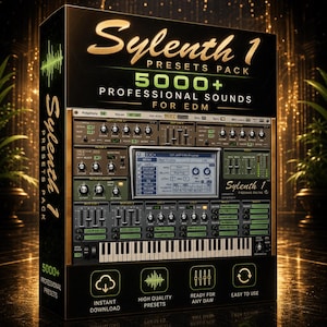 Op de afbeelding: Een zwarte doos met het Sylenth 1 Presets Pack. De doos toont een digitale audio workstation interface met de tekst "5000+ Professional Sounds for EDM." Pictogrammen geven direct downloaden, presets van hoge kwaliteit en eenvoudig gebruik aan.