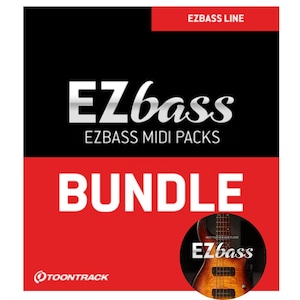 Peut inclure: Un graphique carré rouge et noir avec le texte "EZbass" en blanc et le texte "EZbass MIDI Packs" en blanc. Le texte "BUNDLE" est en blanc sur fond rouge. Un petit graphique circulaire avec une guitare électrique marron et noire et le texte "EZbass" en blanc se trouve dans le coin inférieur droit.