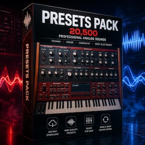 May include: A product box displaying "PRESETS PACK" and "20,500 PROFESSIONAL ANALOG SOUNDS." The image showcases a synthesizer with many knobs and keys. Icons indicate instant download, high-quality presets, and drag & drop sound design.